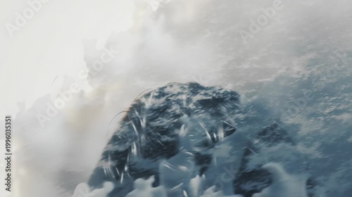 Particle effect showing abstract emotional loss concept. Artistic double exposure of a thoughtful young man with nature elements blending into his profile