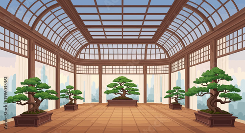 Pixel Art Greenhouse Conservatory with Bonsai Trees and Cityscape Background