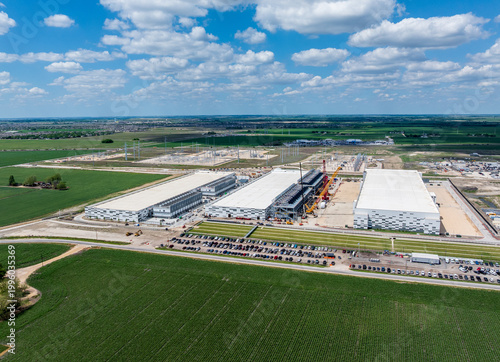 Aerial view of the construction of a massive AI data center campus with 400 million square feet hosting and 600MW capacity in Hutto Texas