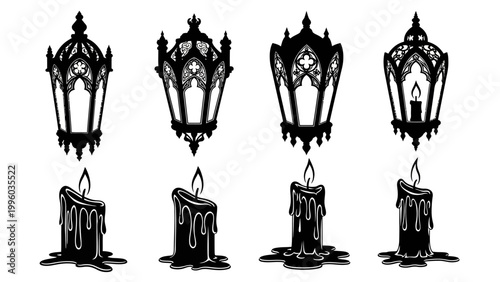 Gothic Lanterns and Dripping Candles Silhouette Set