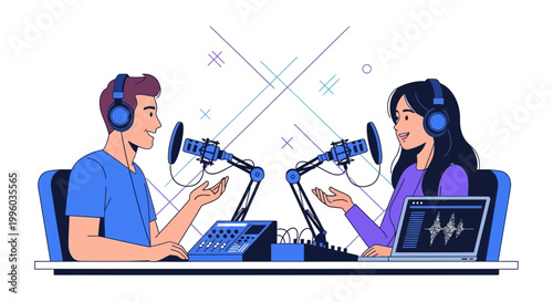 Podcasting duo in studio with microphones and soundboard, recording audio content