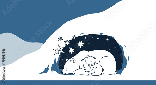 Polar Bear Mother and Cub Sleeping in Snowy Den Under Starry Night Sky