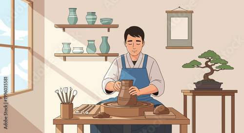 Potter working on a pottery wheel, creating ceramic art in a sunlit studio