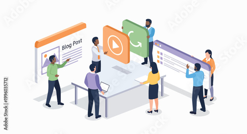 Isometric illustration of a diverse group of people collaborating around a large computer screen with various digital elements and graphs in a modern office setting with a professional mood.