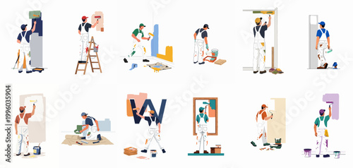 Set of flat illustrations of professional house painters in overalls painting walls with rollers and brushes for home renovation and interior design.