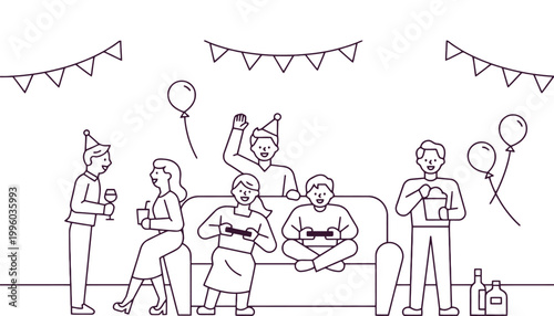 Friends celebrate a birthday with a gaming party and festive decorations in a cozy living room