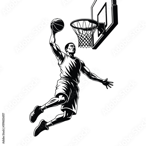 Dynamic illustration of a basketball player executing a powerful slam dunk towards the hoop, captured mid-air against a clean white background