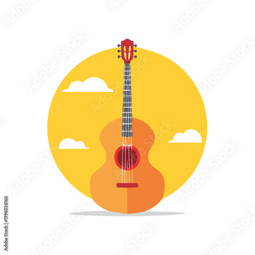 Acoustic Guitar Illustration with Sun and Clouds
