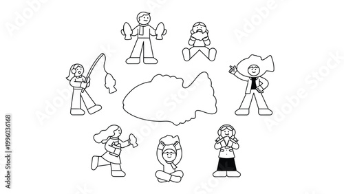 People enjoying fish food in various playful and happy moments together outdoors