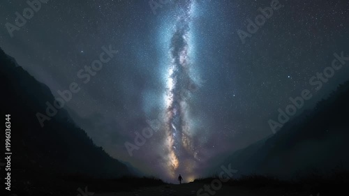 Particle effect showing abstract emotional loss concept. Stunning night sky with Milky Way galaxy and silhouette of person in mountain valley under stars