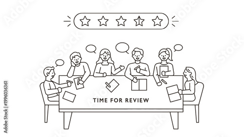 Group of people sitting at a table for a review meeting with rating stars above