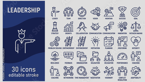 Leadership icons set for business and management concepts  thirty editable stroke illustrations