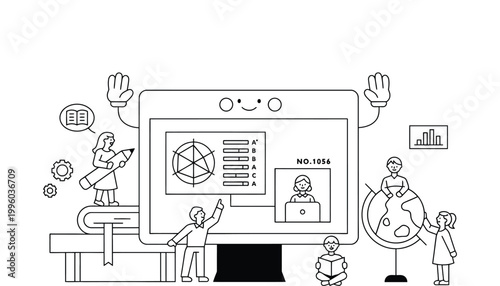 Education technology concept with AI and students learning around a large computer screen