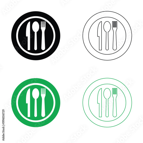 Table Setting Icons with Plate and Cutlery vector. Set of table setting icons showing plate, spoon, and fork in solid, outline, and colored styles for dining or restaurant concepts.