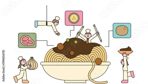 Spaghetti dish being prepared by chefs in a creative and playful kitchen environment