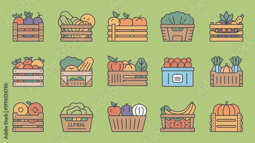 A colorful illustration of various fruits and vegetables in wooden crates on a green background