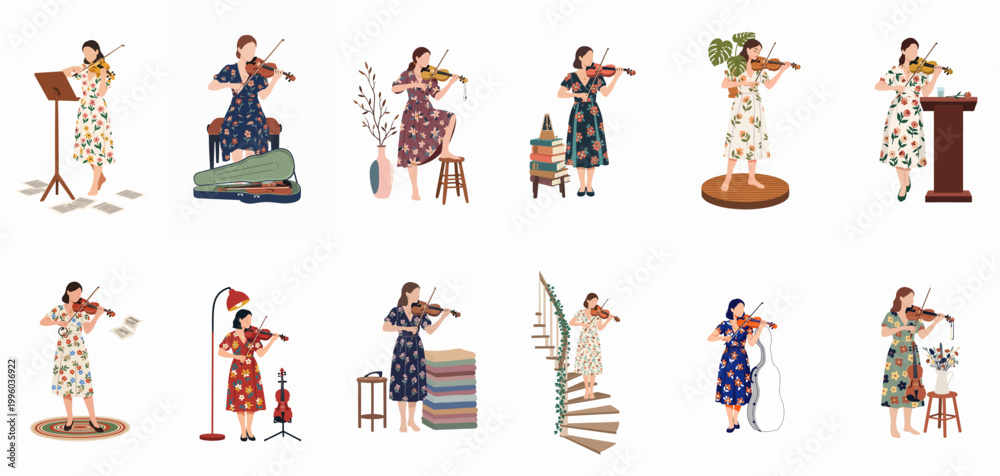 Fototapeta premium Vector illustration set of diverse women in floral dresses playing the violin in various indoor settings, perfect for music and lifestyle themes.