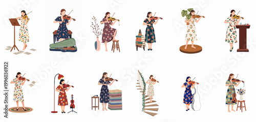 Vector illustration set of diverse women in floral dresses playing the violin in various indoor settings, perfect for music and lifestyle themes.