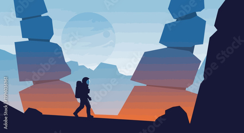 Astronaut Exploring Alien Planet Landscape with Rocky Formations and Distant Planet in Sky Sci Fi Illustration