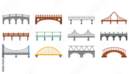 Different types of bridges on a white background for architecture and engineering concepts