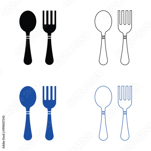 Table Setting Icons with Plate and Cutlery vector. Set of table setting icons showing plate, spoon, and fork in solid, outline, and colored styles for dining or restaurant concepts.