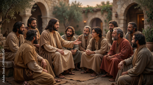 Jesus teaching his disciples in an ancient courtyard. Biblical scene of a gathering during the Easter season. Historical religious illustration