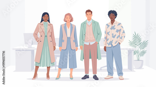 Diverse Stylish Young Adults Four Standing Pastel Coat Blazer Office Background Flat Vector Illustration