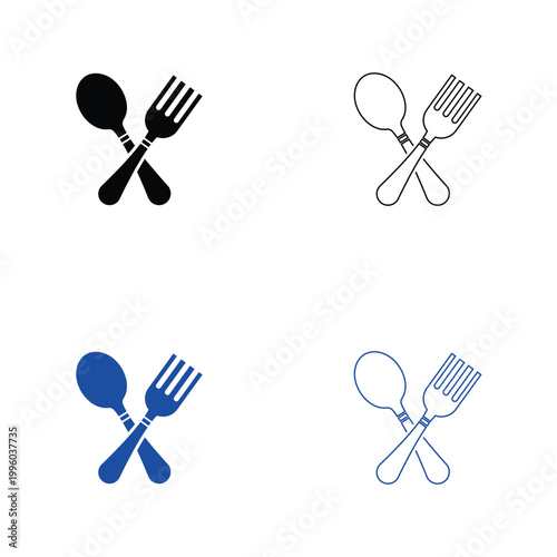 Table Setting Icons with Plate and Cutlery vector. Set of table setting icons showing plate, spoon, and fork in solid, outline, and colored styles for dining or restaurant concepts.