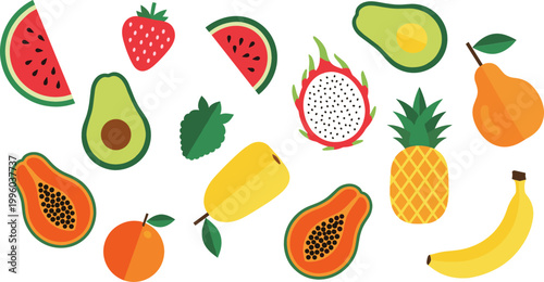 Vector Set of Fresh Tropical Fruits Including Watermelon, Strawberry, Avocado, Papaya, Pear, Pineapple, Banana, and Dragonfruit