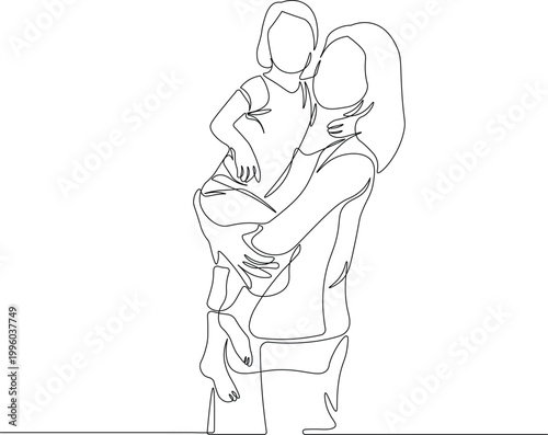 Continuous Line Drawing of Mother Holding Child, Love and Care Parenting Concept