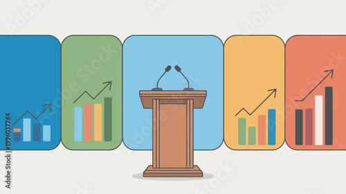 A podium with microphones in front of colorful graphs and charts, representing business growth and success.