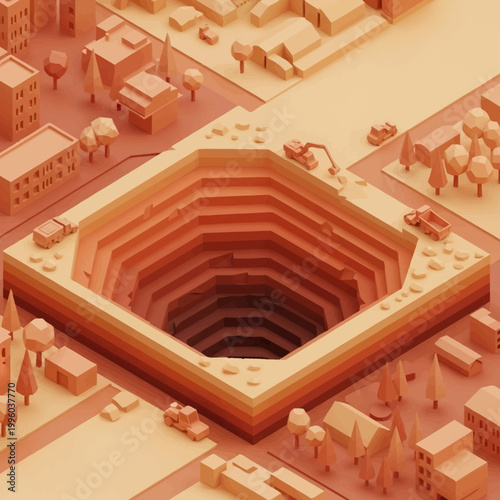 Isometric illustration of a large open pit mine with construction vehicles.
