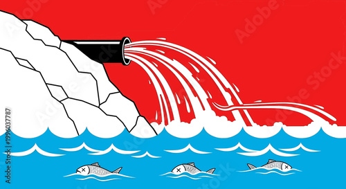 Industrial water pollution illustration with a pipe discharging waste into the sea and dead fish floating on the surface