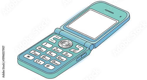 Illustration of a classic teal flip phone with a blank screen