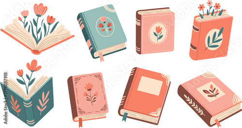 Vector Set of Decorative Books with Floral Designs and Opened Pages for Stationery, Invitations, and Gift Wrapping