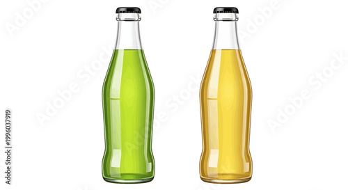 Two glass bottles filled with green and yellow soda drinks