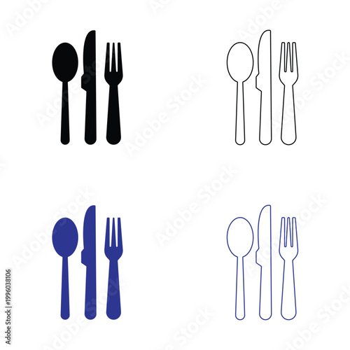 Table Setting Icons with Plate and Cutlery vector. Set of table setting icons showing plate, spoon, and fork in solid, outline, and colored styles for dining or restaurant concepts.