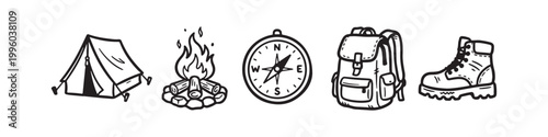 Set of Hand Drawn Camping Icons Isolated on White Background, Tent, Campfire, Compass, Backpack and Hiking Boot