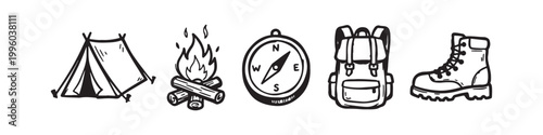 Set of camping and hiking equipment icons, doodle style illustration with tent, campfire, compass, backpack and boot