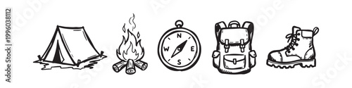 Hand Drawn Camping and Hiking Icons Set: Tent, Campfire, Compass, Backpack and Hiking Boot