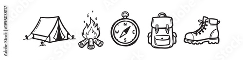 Camping and Hiking Icon Set: Tent, Bonfire, Compass, Backpack, and Hiking Boots Illustration