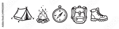 Set of Camping and Hiking Equipment Icons, Hand Drawn Camping Essentials Like Tent, Bonfire, Compass, Backpack, and Hiking Boots, Vector Outline Illustration Isolated on White Background