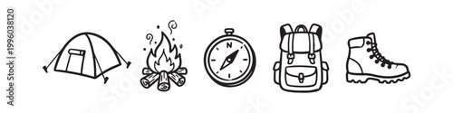 Set of camping and hiking equipment icons featuring a tent, campfire, compass, backpack, and hiking boots, black and white hand-drawn doodle style illustration
