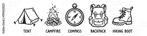 Set of Camping and Hiking Equipment Icons with Hand Drawn Style Labels