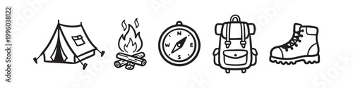 Set of Camping and Hiking Icons including Tent, Campfire, Compass, Backpack, and Hiking Boots