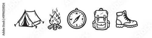 Set of Hand-Drawn Camping and Hiking Adventure Icons featuring Tent, Bonfire, Compass, Backpack, and Hiking Boot