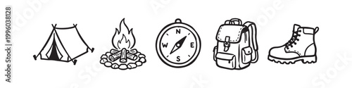 Set of Hand-Drawn Camping and Hiking Icons: Tent, Campfire, Compass, Backpack, and Hiking Boot