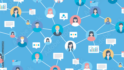 A vibrant illustration of people connected by lines and speech bubbles, representing social networking and communication.