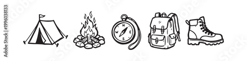 Set of Hand Drawn Camping and Hiking Icons Including Tent, Campfire, Compass, Backpack and Hiking Boot