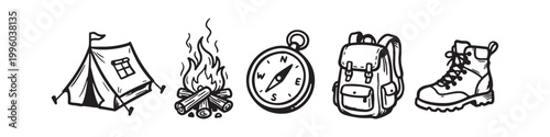 Set of Camping Equipment Icons - Hand-Drawn Adventure and Hiking Gear Illustrations